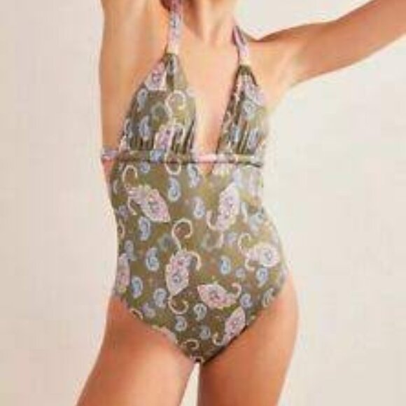 Boden British syle pink green beaded paisley one piece swimsuit size 10 - Picture 2 of 4